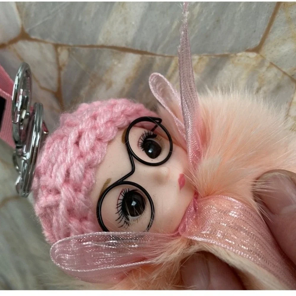 Pink Faux Fur Doll Keychain Charm with Glasses and LOVE Strap Accessory‎